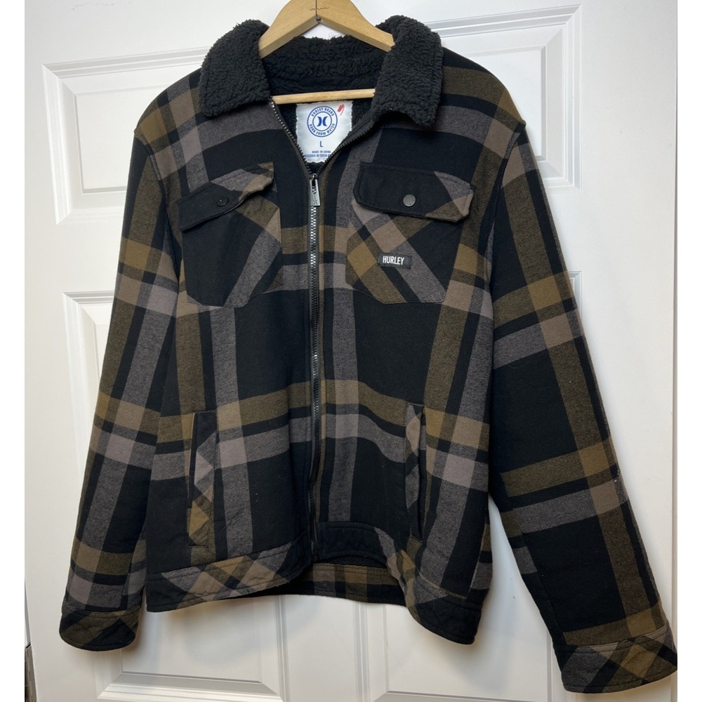 Hurley Mens Sherpa Lined Flannel Trucker Jacket Large Charcoal Brown Plaid Thick - Picture 2 of 12